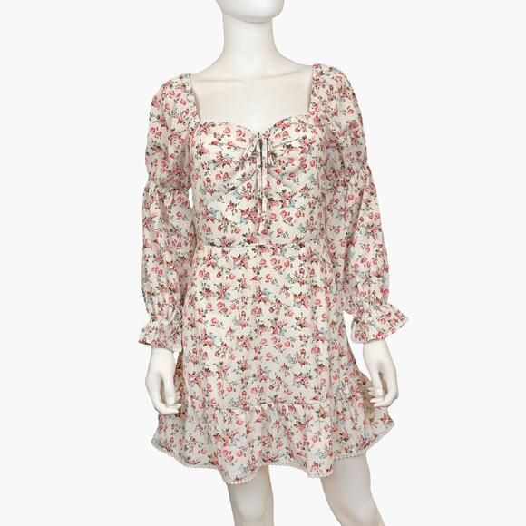 NWT WOVEN PINK Floral Puff Sleeve Mini Dress (Cream | Size S) - Picture 1 of 10